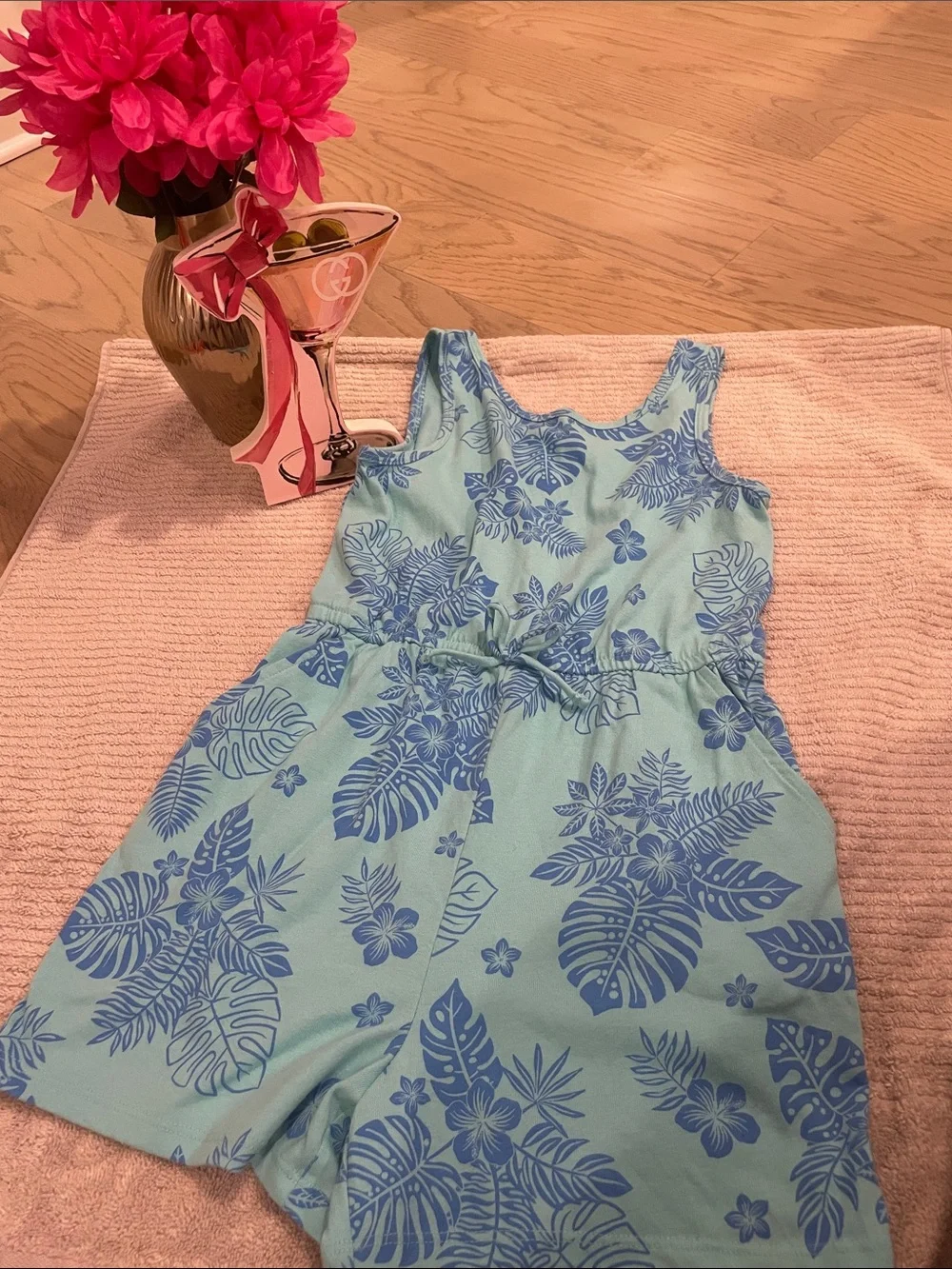 wonder nation Light Blue Tropical Romper with Blue Leaf Accents